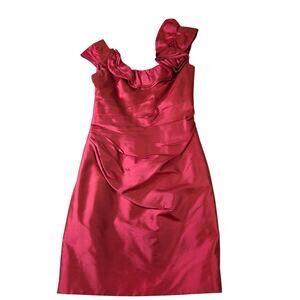 Marisa Baratelli Thai Silk One Shoulder Ruffle Cocktail Dress Red Size 4